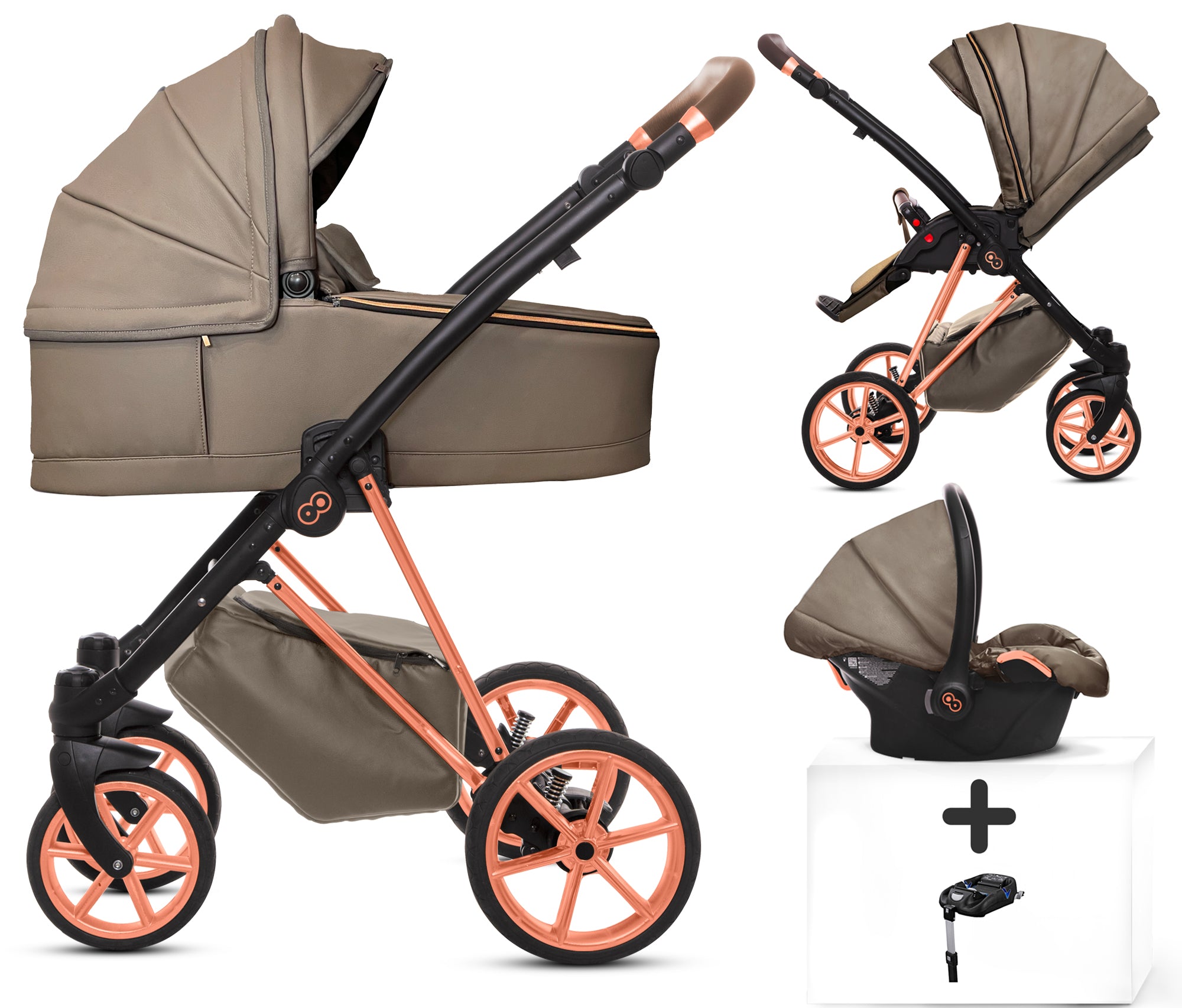 TPFLiving 4in1 Kinderwagen Royal Kunstleder - Gray Pearl / Gestell Roségold