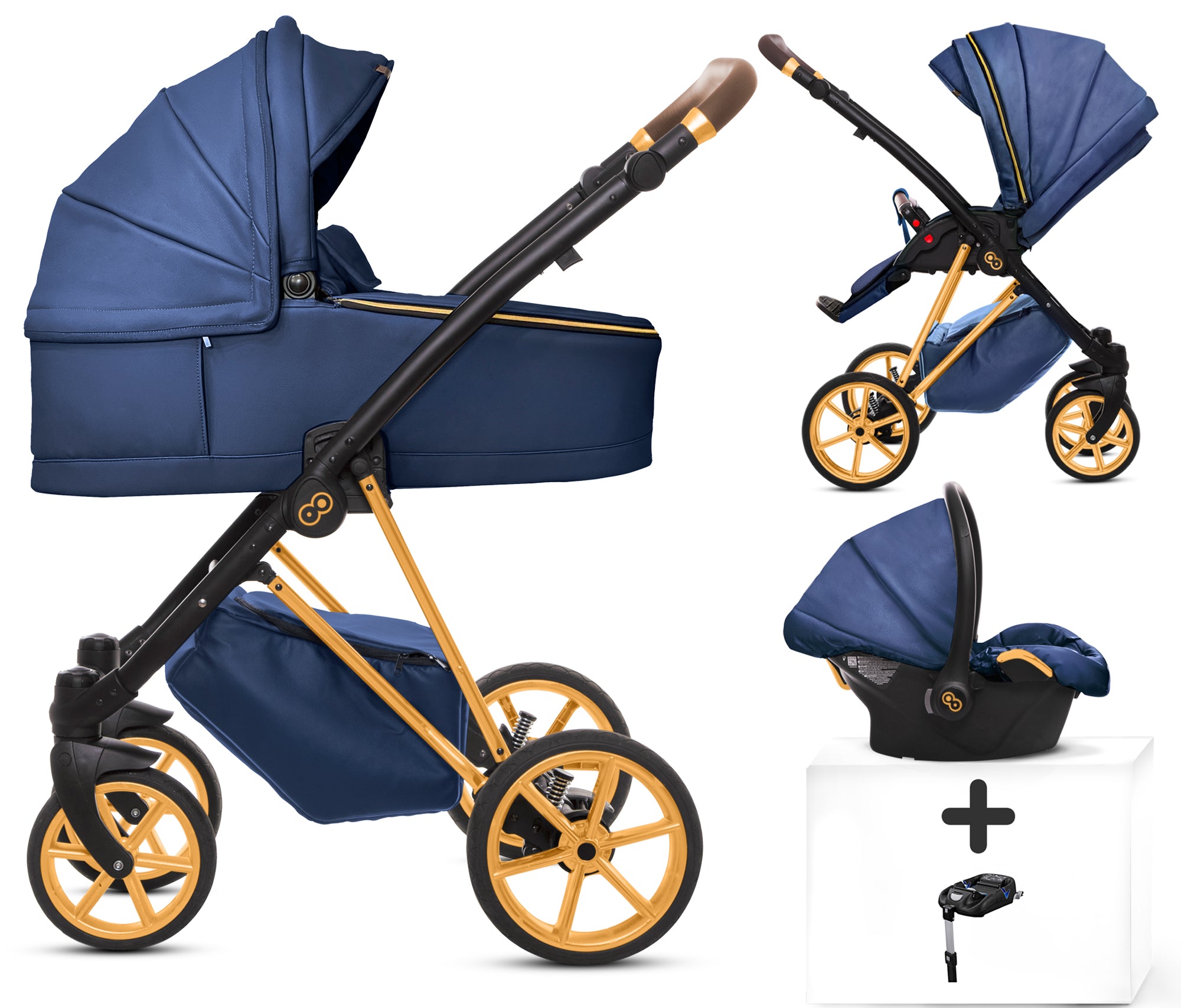 TPFLiving 4in1 Kinderwagen Royal Kunstleder - Blueberry / Gestell Gold