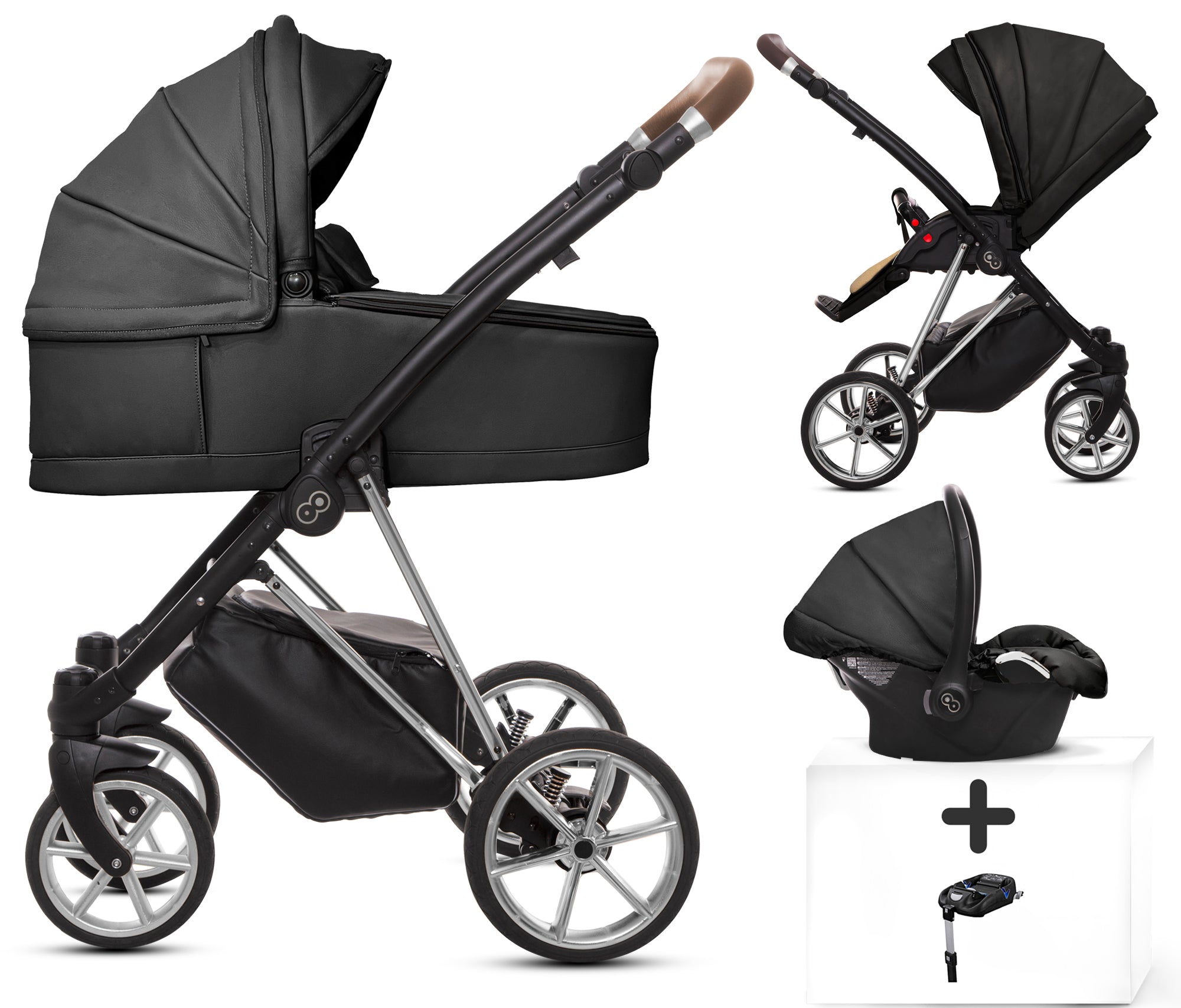 TPFLiving 4in1 Kinderwagen Royal Kunstleder - Onyx / Gestell Silber