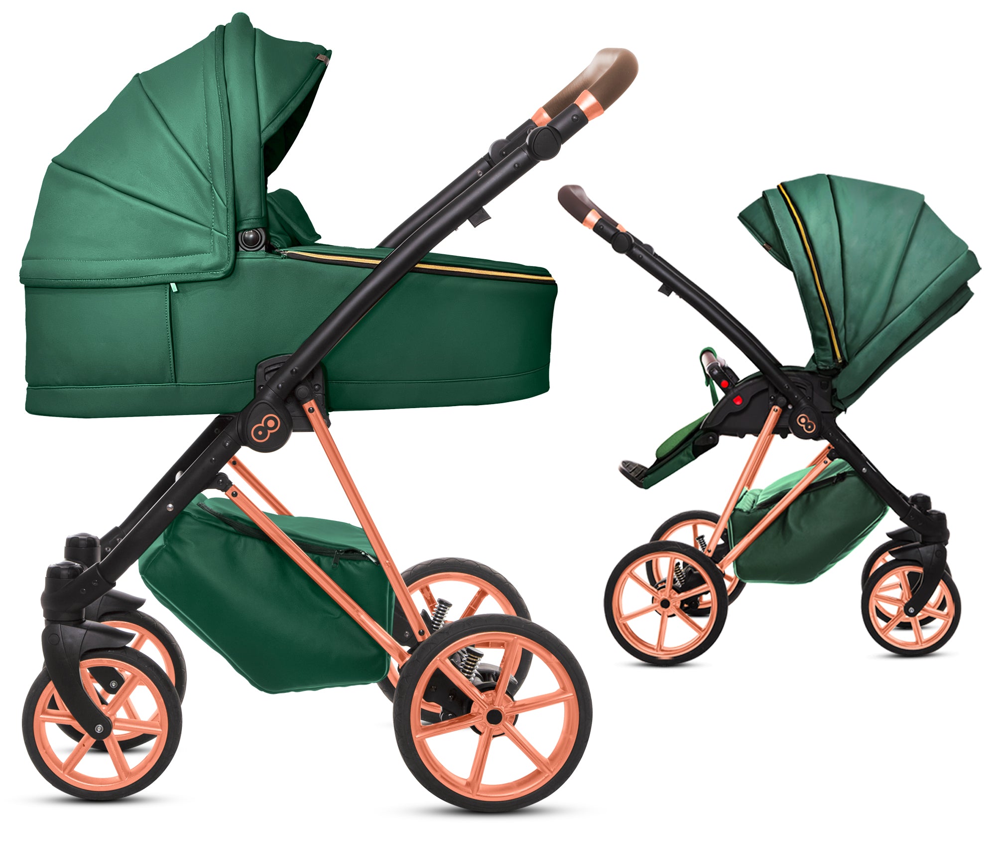 TPFLiving 2in1 Kinderwagen Royal Kunstleder - Grün / Gestell Roségold