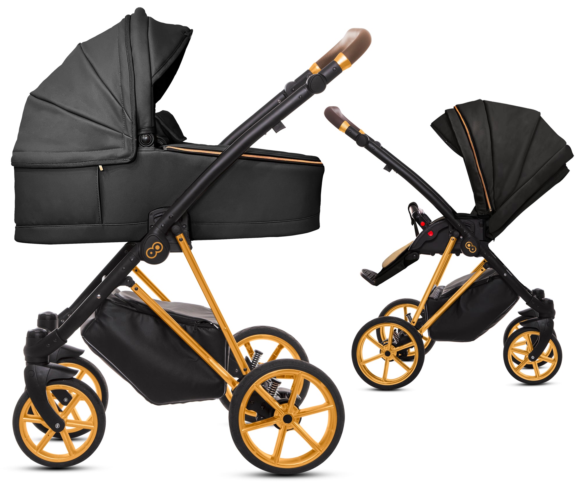 TPFLiving 2in1 Kinderwagen Royal Kunstleder - Onyx / Gestell Gold