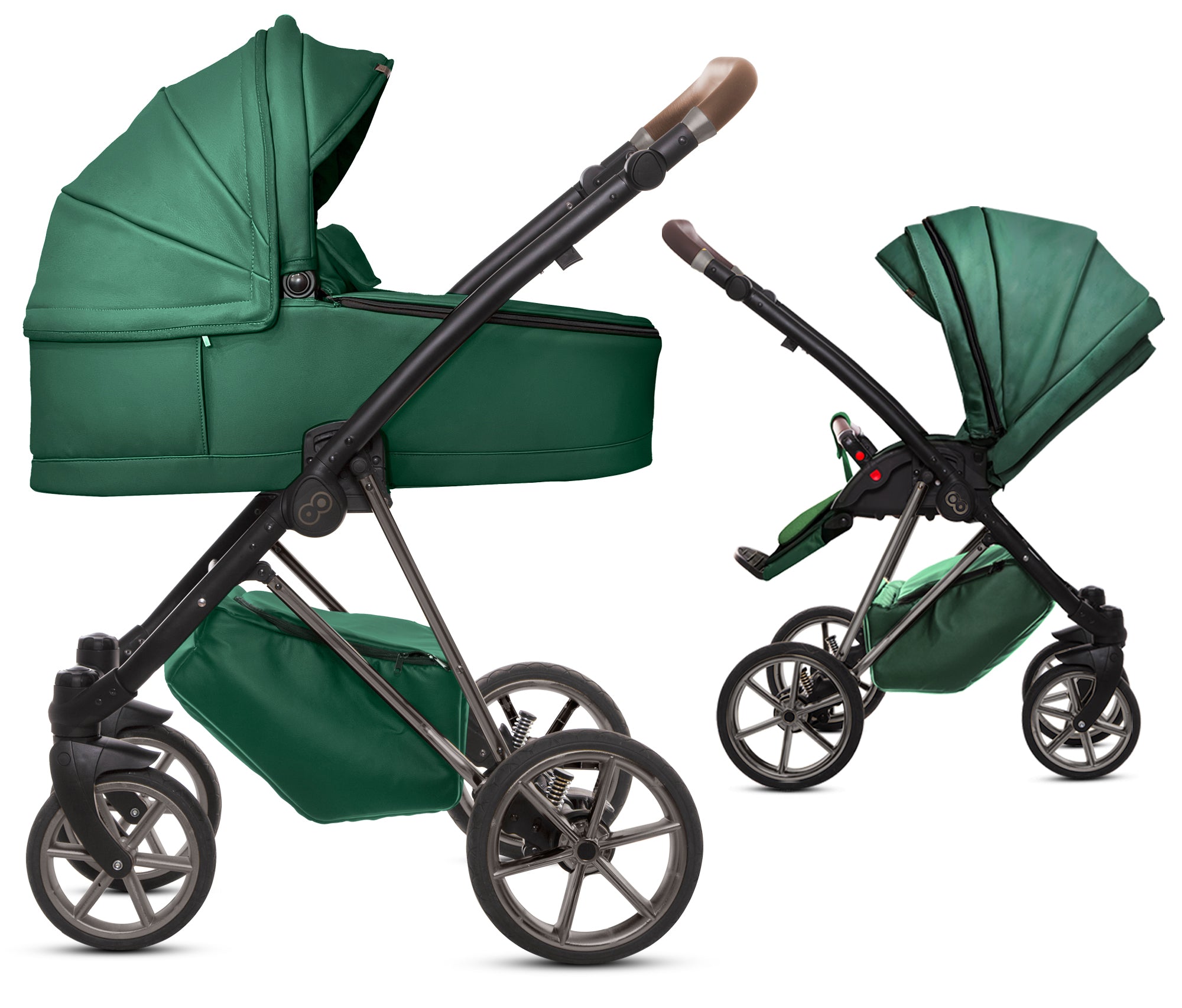 TPFLiving 2in1 Kinderwagen Royal Kunstleder - Grün / Gestell Space Grau