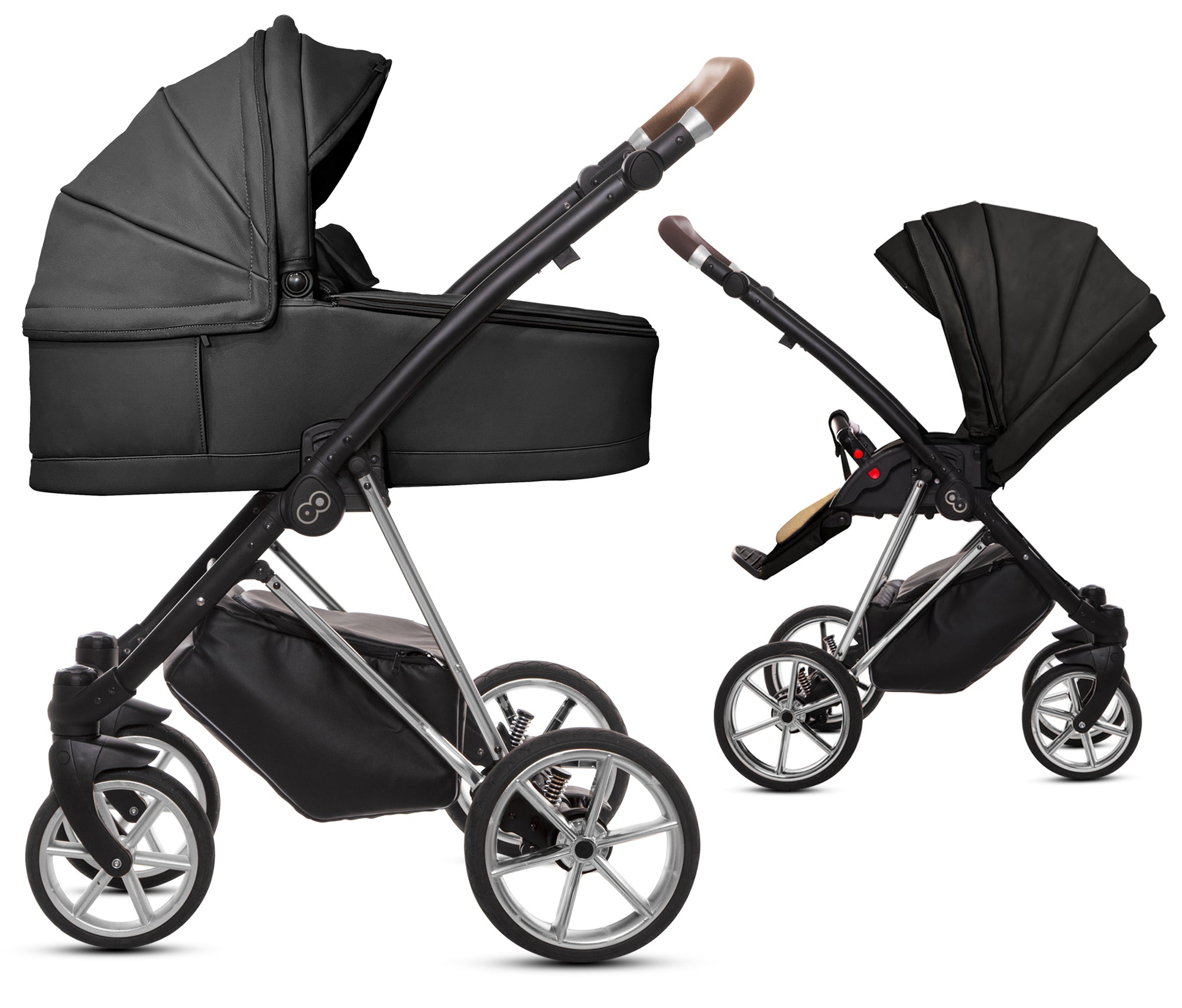 TPFLiving 2in1 Kinderwagen Royal Kunstleder - Onyx / Gestell Silber