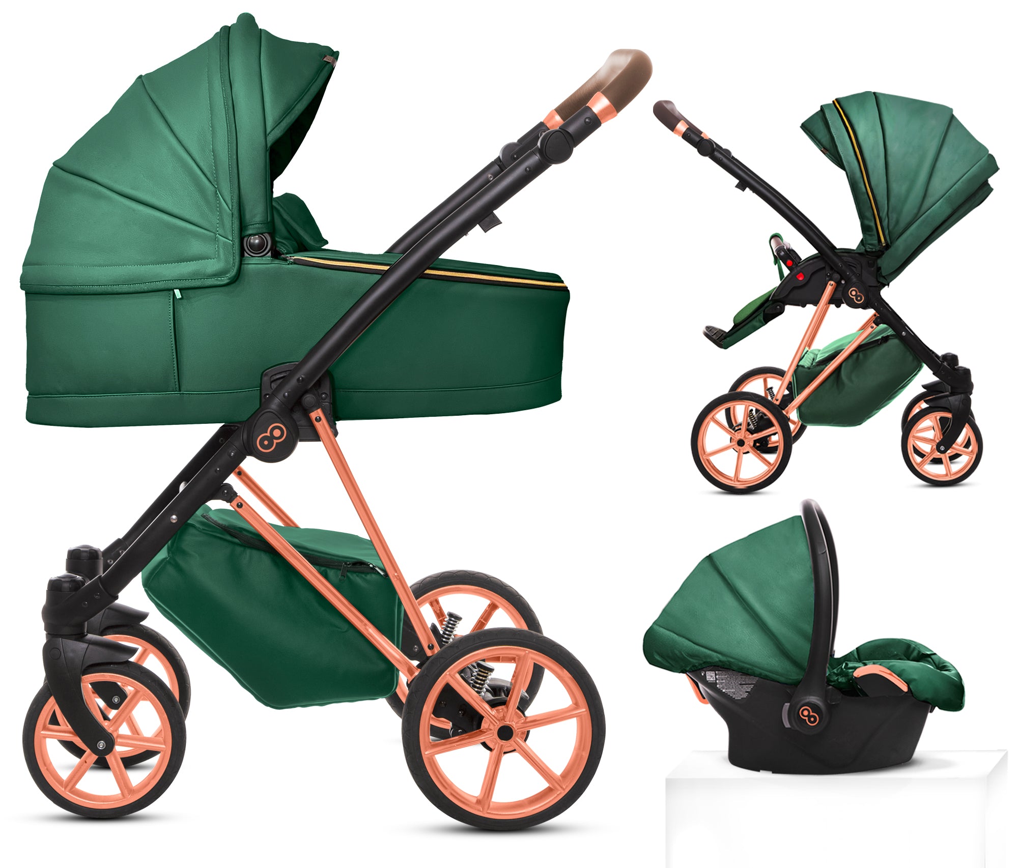 TPFLiving 3in1 Kinderwagen Royal Kunstleder - Grün / Gestell Roségold