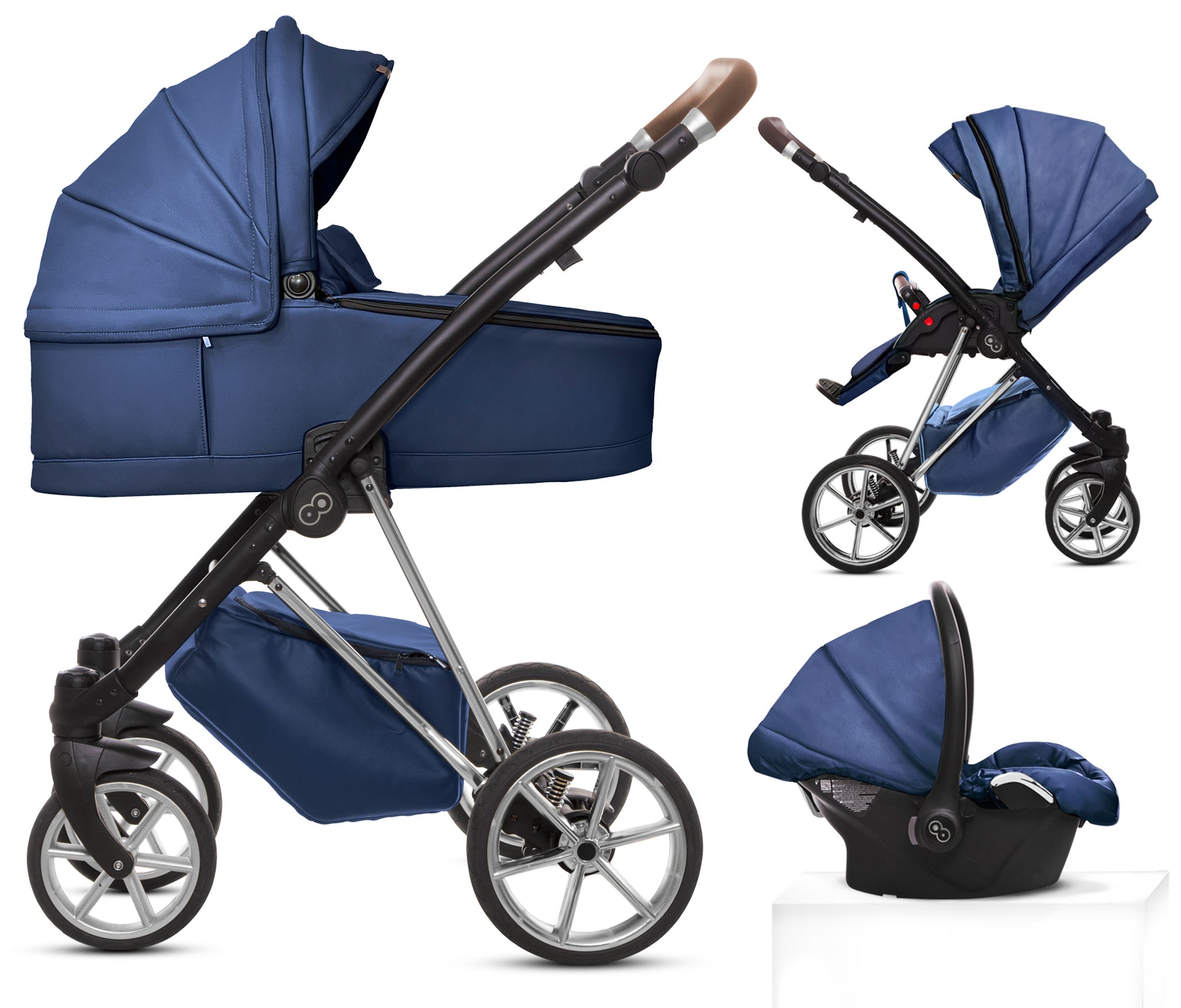 TPFLiving 3in1 Kinderwagen Royal Kunstleder - Blueberry / Gestell Silber