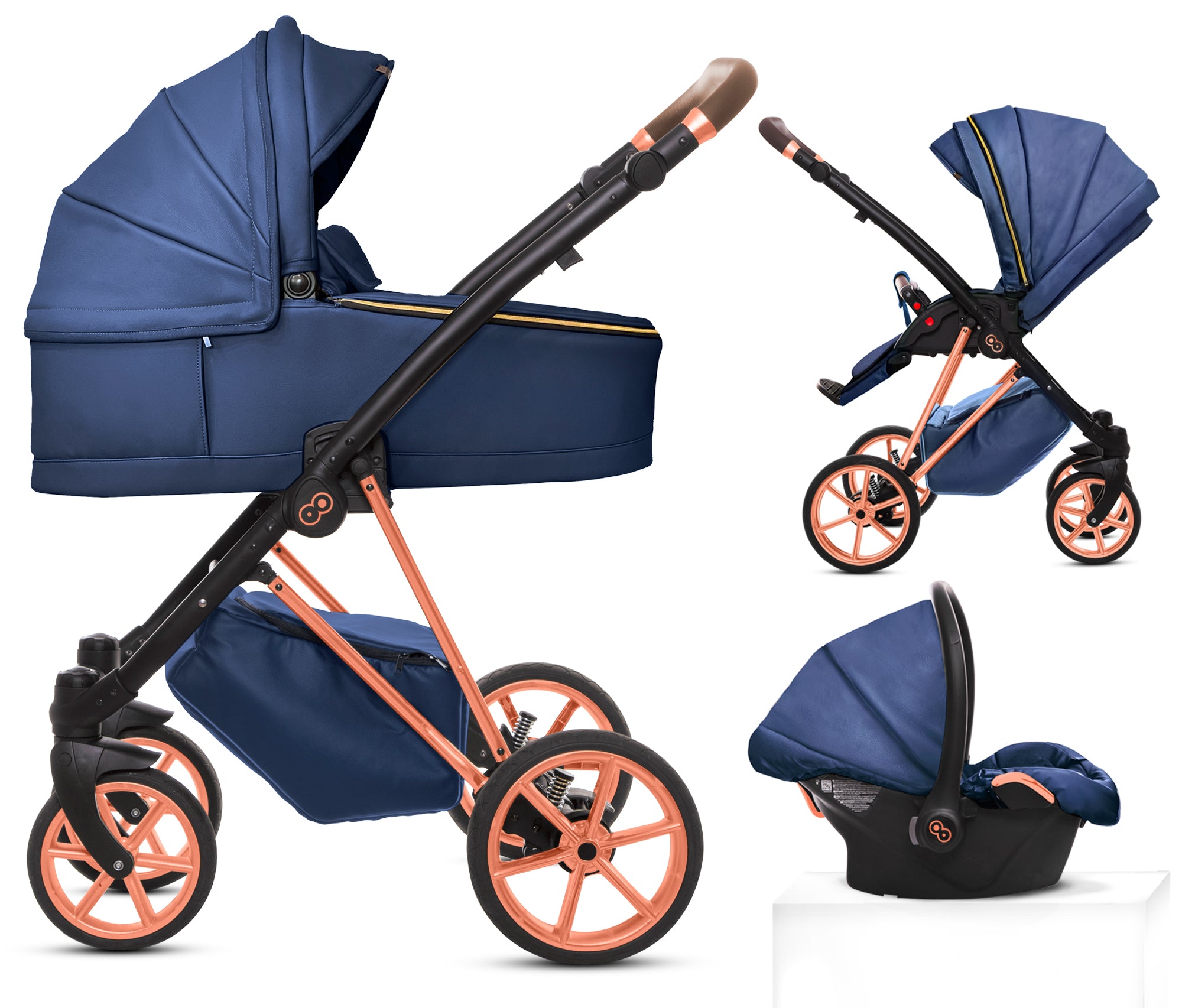 TPFLiving 3in1 Kinderwagen Royal Kunstleder - Blueberry / Gestell Roségold