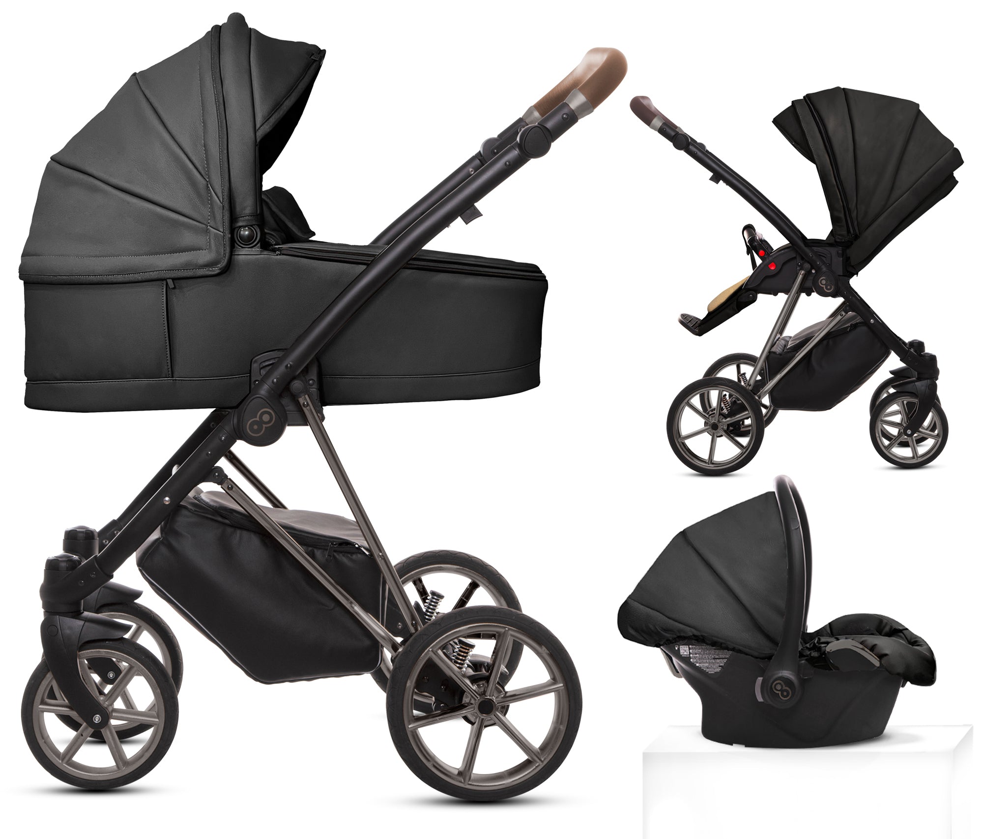 TPFLiving 3in1 Kinderwagen Royal Kunstleder - Onyx / Gestell Space Grau