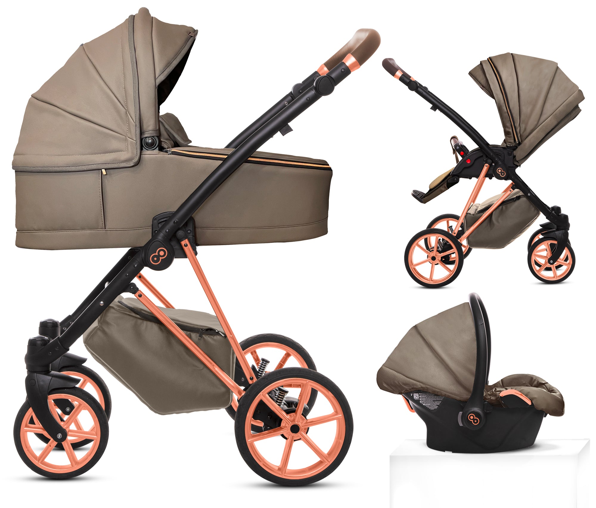 TPFLiving 3in1 Kinderwagen Royal Kunstleder - Gray Pearl / Gestell Roségold