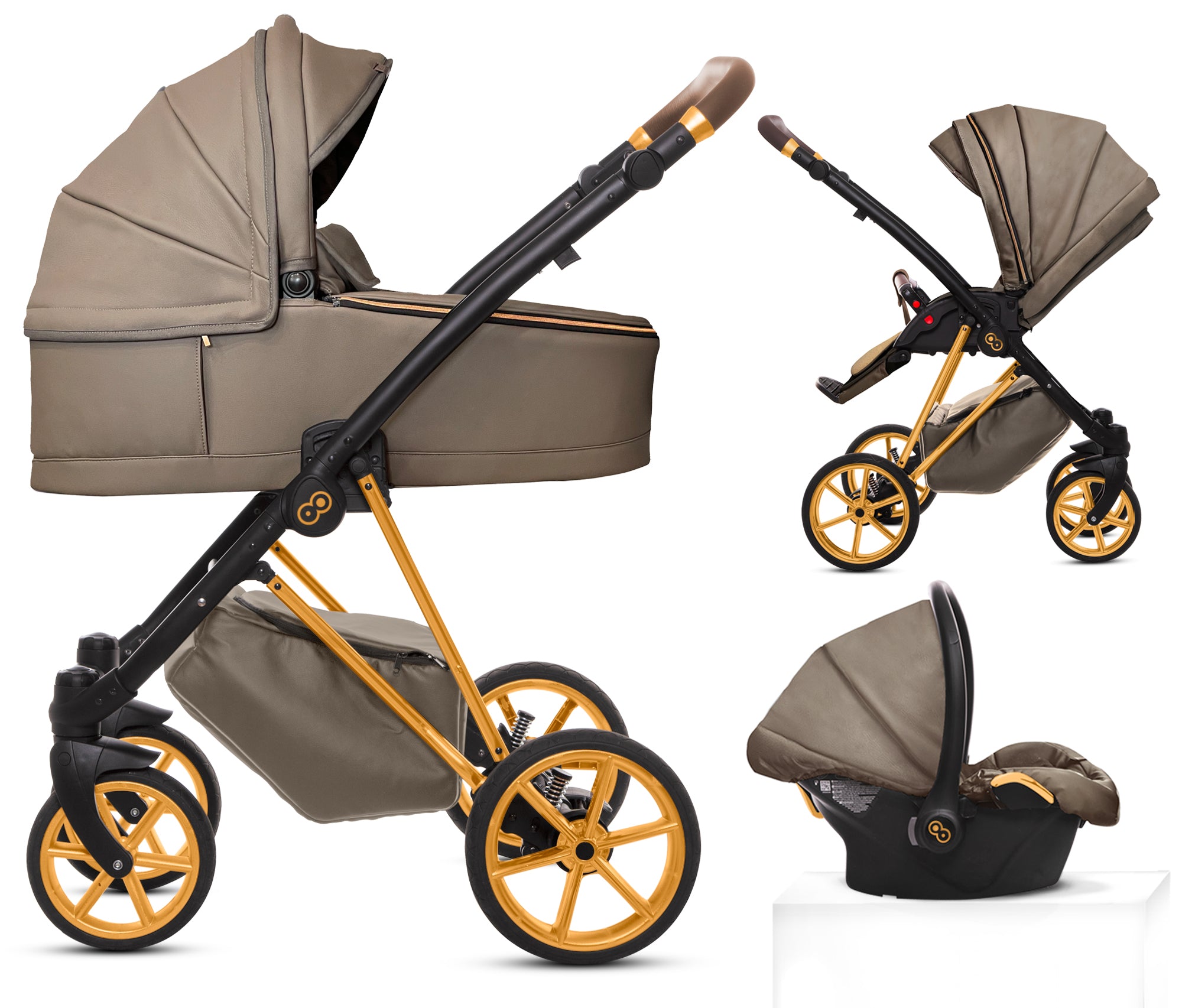 TPFLiving 3in1 Kinderwagen Royal Kunstleder - Gray Pearl / Gestell Gold