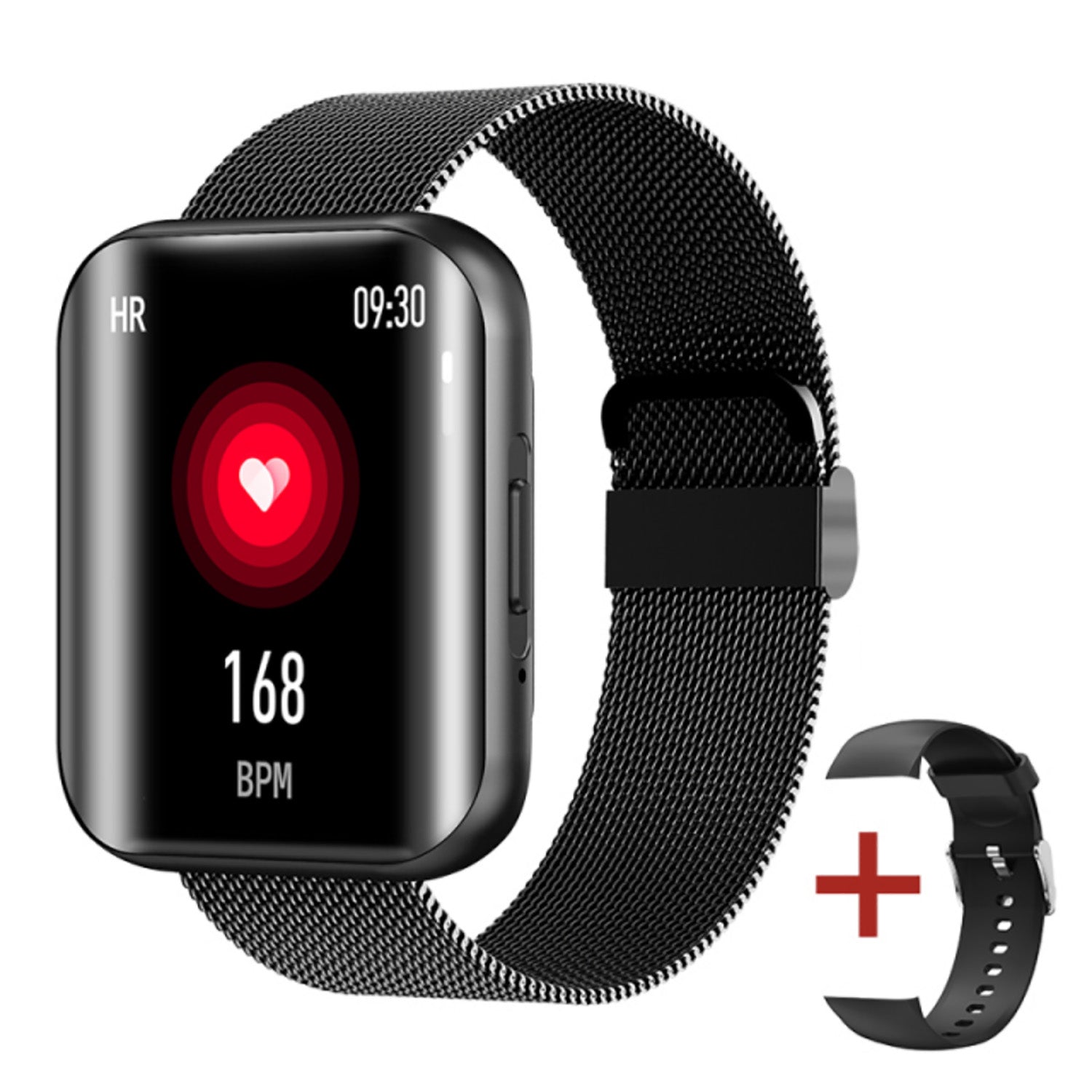 TPFNet Smart Watch / Fitness Tracker IP67 - Milanaise Armband + Silikon Armband - Android & IOS - verschiedene Farben - Schwarz