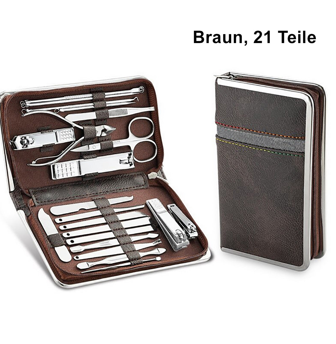 TPFBeauty Maniküre- & Pediküre-Set 21-teilig aus Kunstleder - verschiedene Farben - Braun