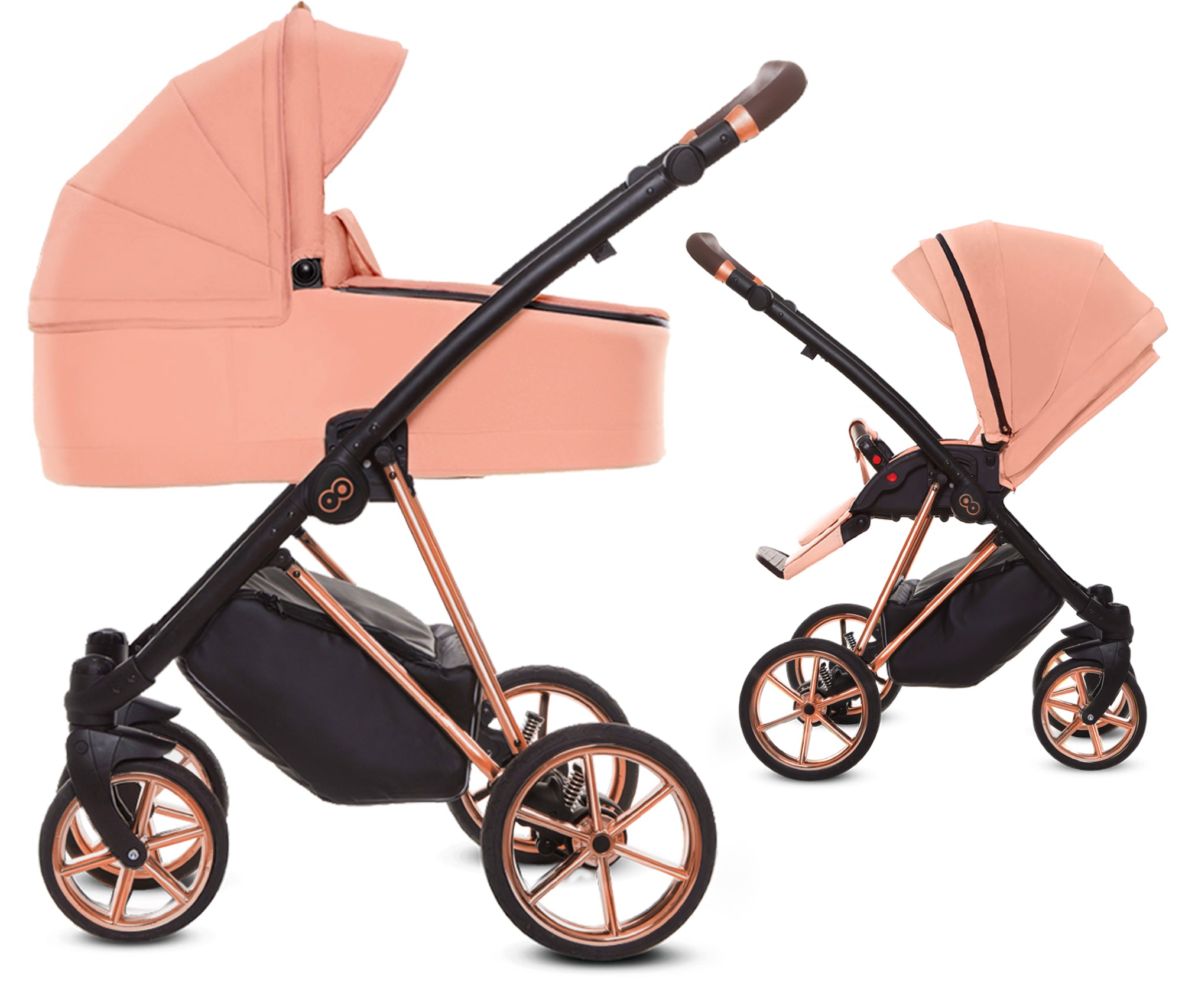 TPFLiving 2in1 Kinderwagen Ultra Stoff - Apricot / Gestell Roségold