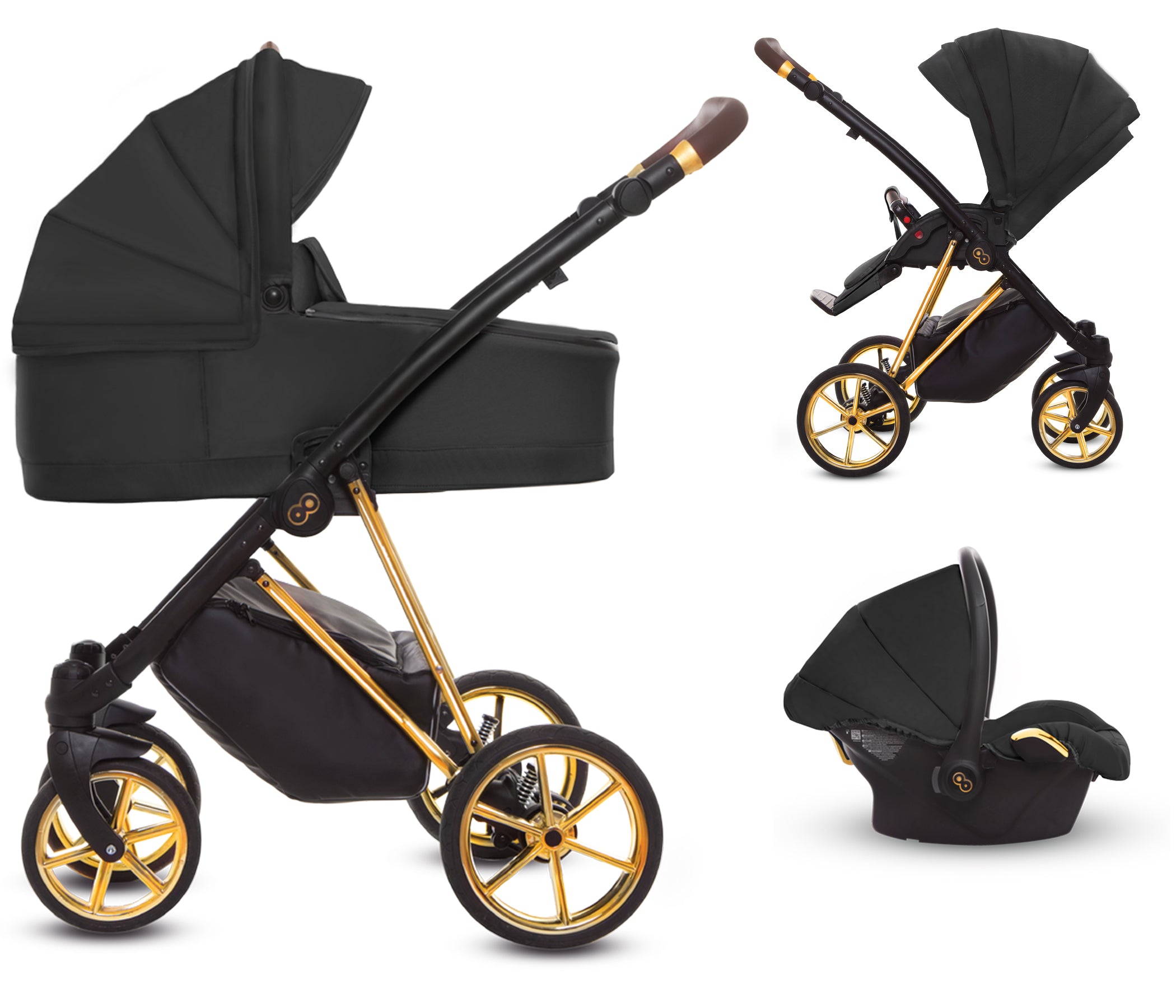 TPFLiving 3in1 Kinderwagen Ultra Stoff - Schwarz / Gestell Gold