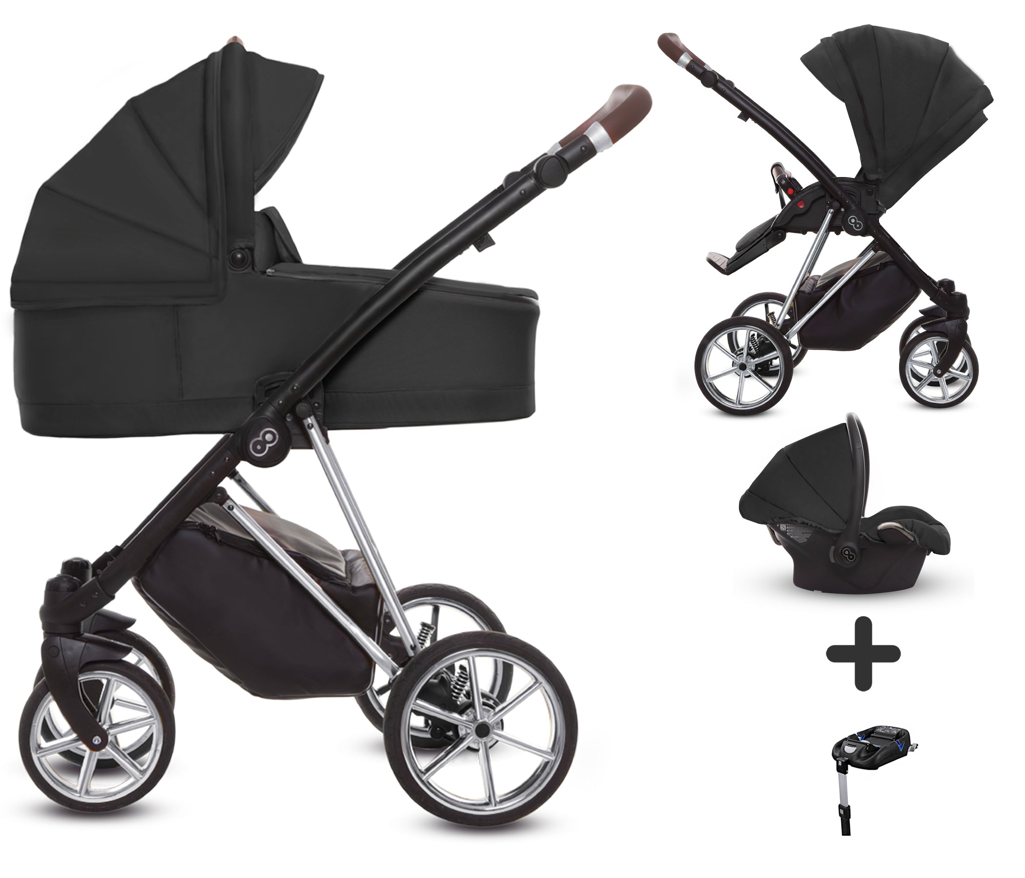 TPFLiving 4in1 Kinderwagen Ultra Stoff - Schwarz / Gestell Chrom