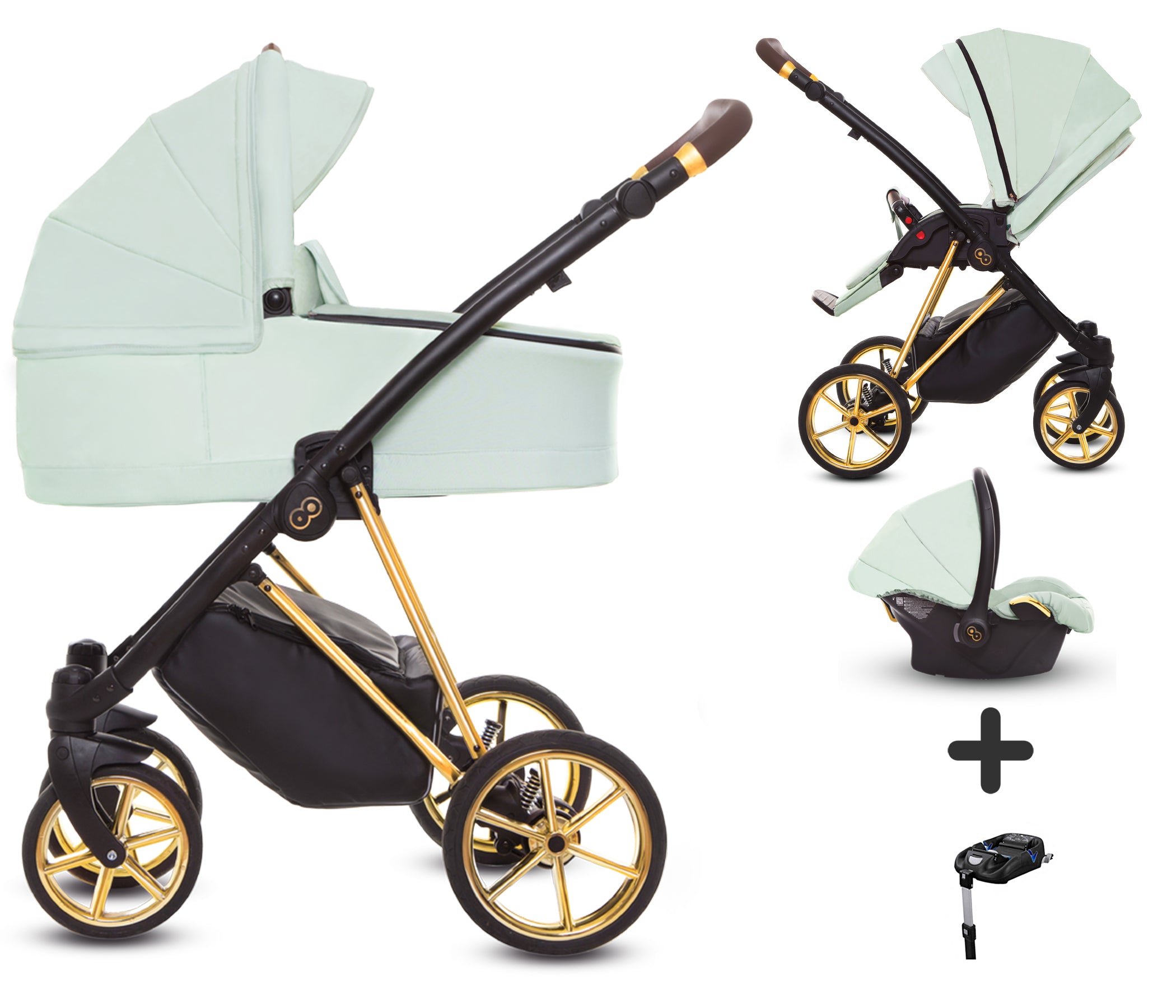 TPFLiving 4in1 Kinderwagen Ultra Stoff - Mint / Gestell Gold