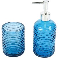 Badezimmer-Set blau Edelstahl Glas